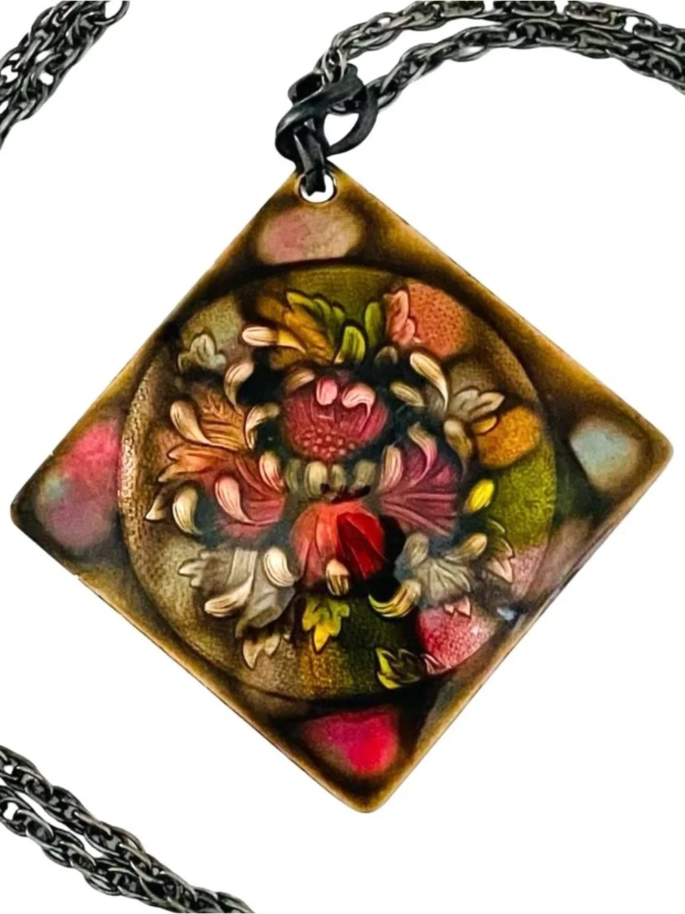 Vintage Mid-Century Enamel On Copper Floral Pendant With Chain